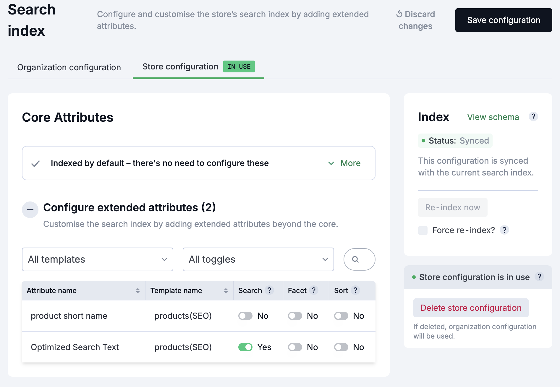 Indexing configuration screen
