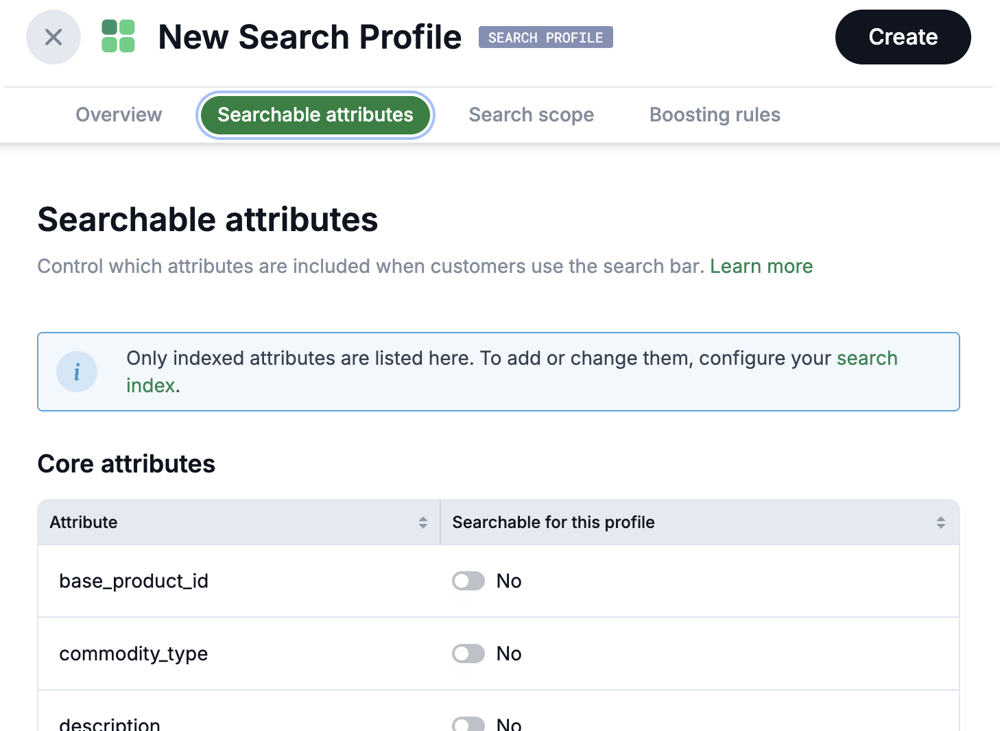 Searchable attributes configuration